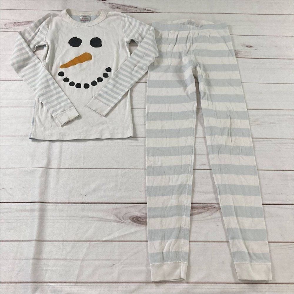 Hanna Anderson Kids White Striped Long Sleeve Snowman Sweater Pajama Set Size 14